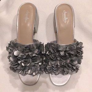 Never worn Charles David sandals, size 9, silver, 2-inch chunky heel.